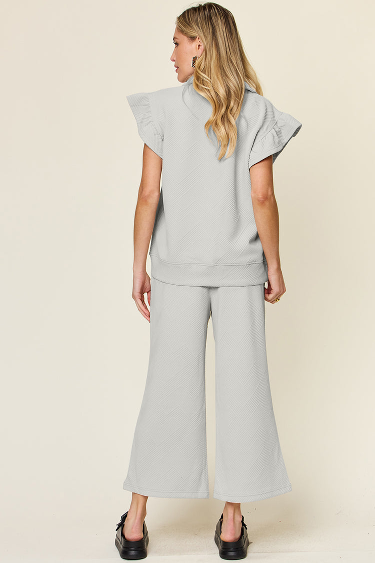 Double Take Texture Ruffle Short Sleeve Top and Drawstring Wide Leg Pants Set - MyEmpired