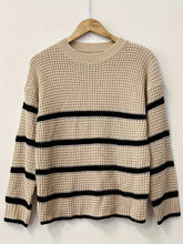 Striped Crew Neck Sweater, Elegant Waffle Knit Long Sleeve Sweater For Fall & Winter, Women&
