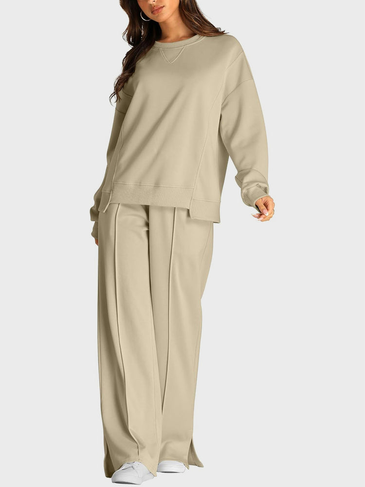 Round Neck Long Sleeve Top and Slit Pants Set - MyEmpired