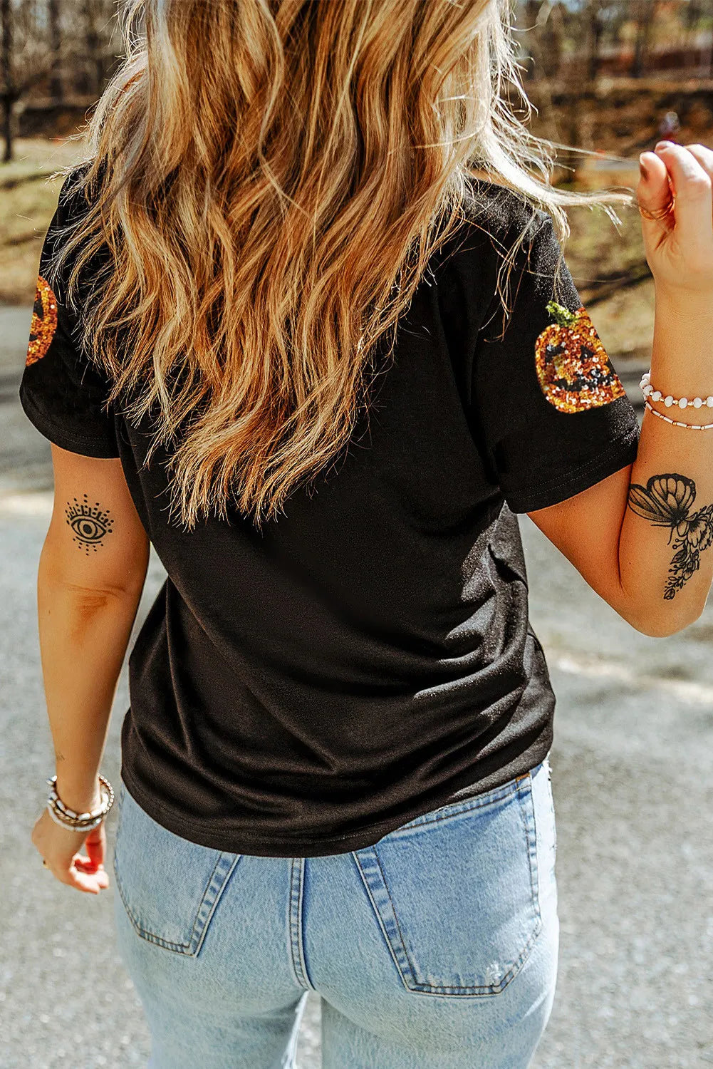 Sequin Pumpkin Round Neck Short Sleeve T-Shirt - MyEmpired