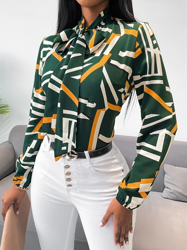 Geo Print Tie Neck Blouse - MyEmpired