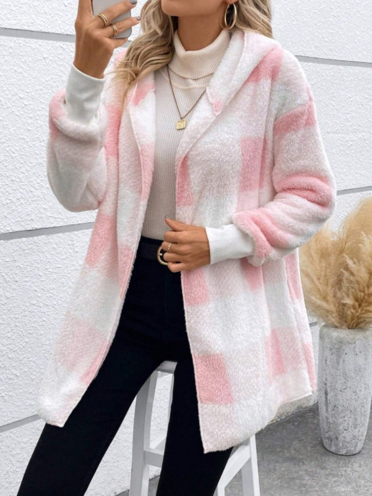 Plaid Long Sleeve Hooded Coat - MyEmpired