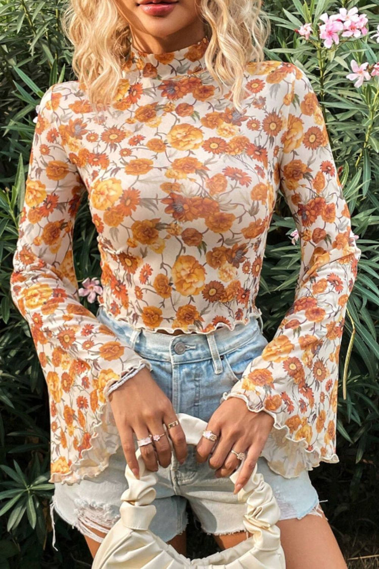 Printed Mock Neck Flare Sleeve Top - MyEmpired