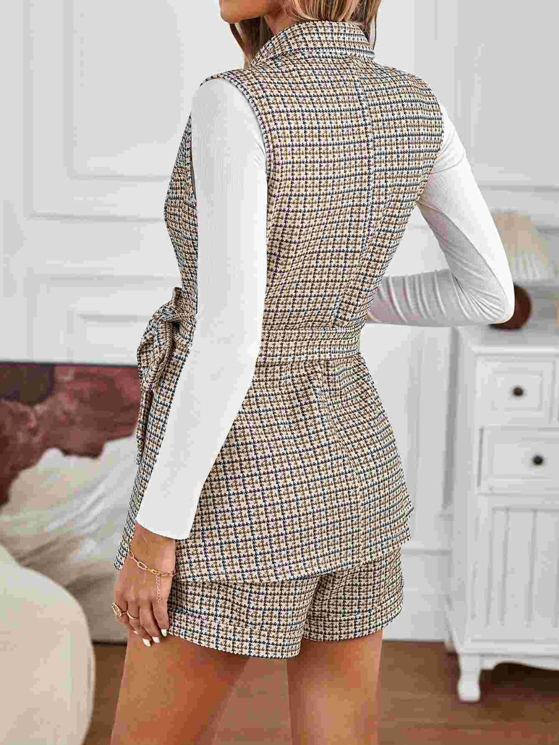 Tied Plaid Collared Neck Vest and Shorts Set - MyEmpired