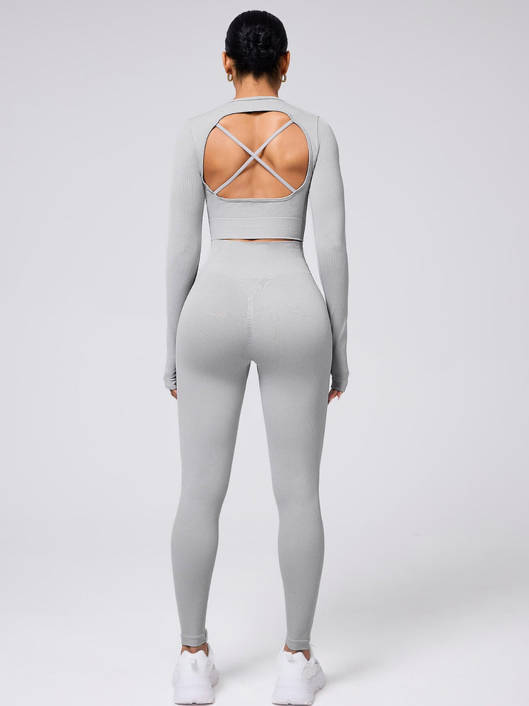 Back Crisscross Round Neck Long Sleeve Top and Leggings Active Set - MyEmpired