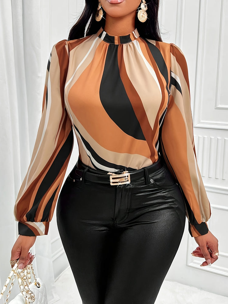 Striped Print Mock Neck Blouse - MyEmpired