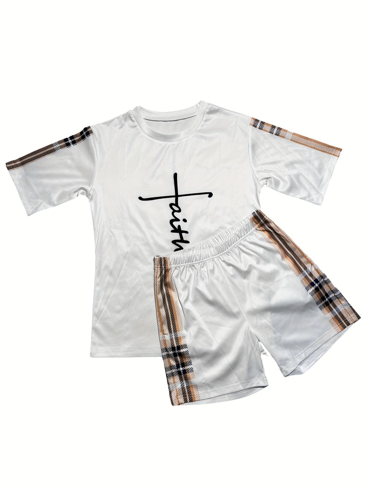 Plaid Print Splicing Two-piece Set, Faith Print Short Sleeve Tops & Pocket Workout Shorts Outfits, Women&