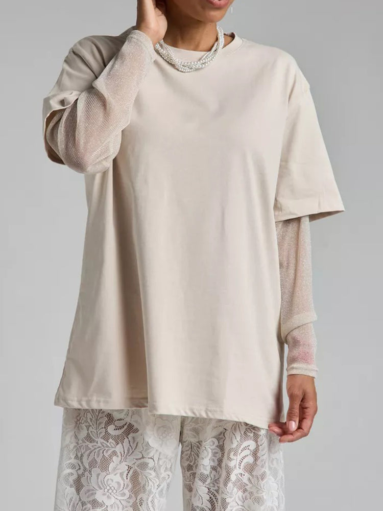 Faux Layered Round Neck Mesh Sleeve Top - MyEmpired
