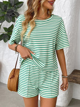 Striped Round Neck Short Sleeve Top and Shorts Set - MyEmpired