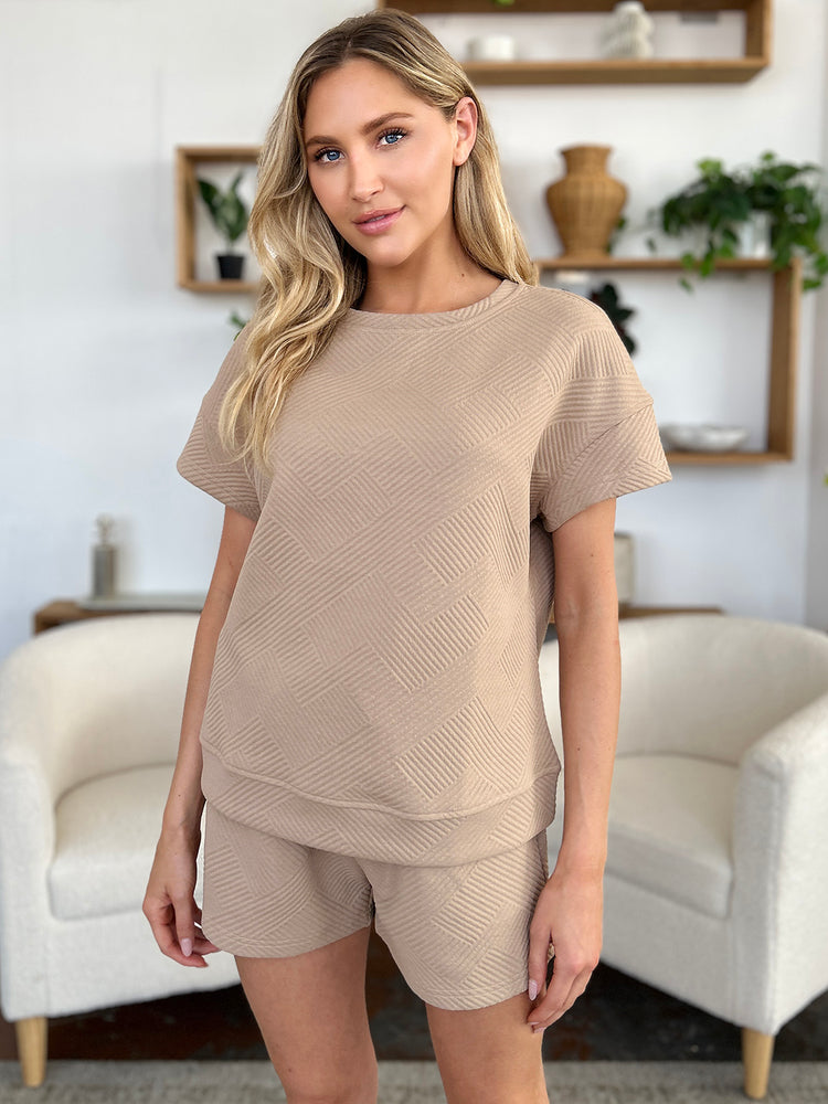 Double Take Full Size Texture Short Sleeve T-Shirt and Drawstring Shorts Set - MyEmpired