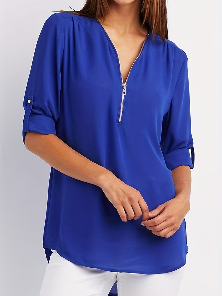 Solid V Neck Blouse - MyEmpired