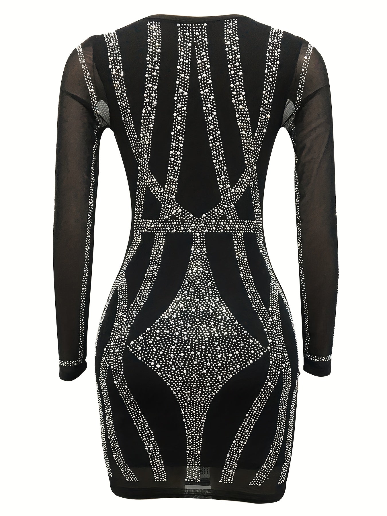 Rhinestone Sweetheart Neck Bodycon Dress, Sexy Mesh Long Sleeve Dress For Spring & Summer, Women&