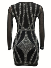 Rhinestone Sweetheart Neck Bodycon Dress, Sexy Mesh Long Sleeve Dress For Spring & Summer, Women&