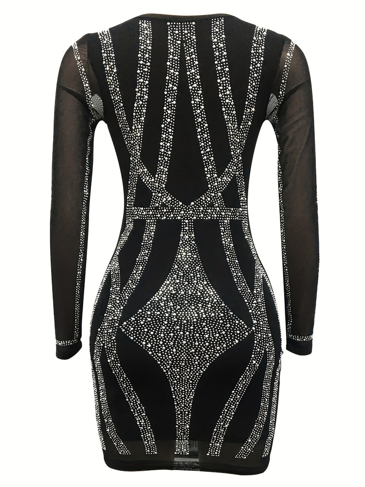 Rhinestone Sweetheart Neck Bodycon Dress, Sexy Mesh Long Sleeve Dress For Spring & Summer, Women&