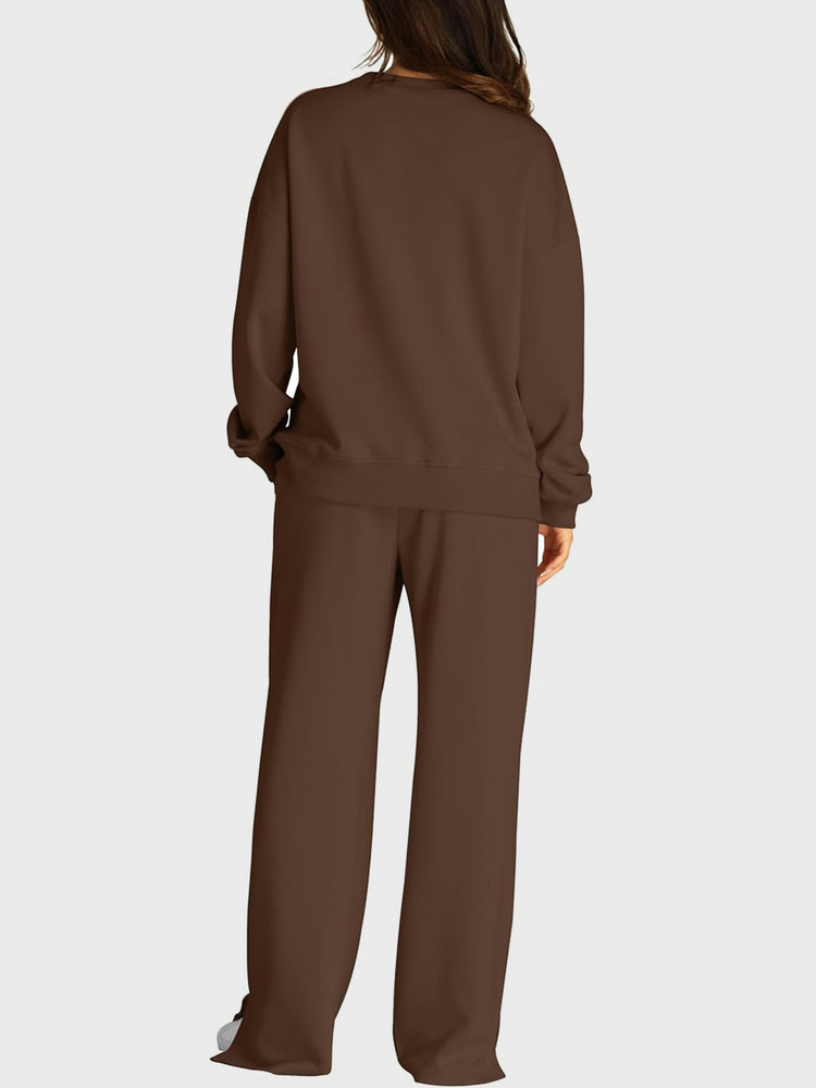 Round Neck Long Sleeve Top and Slit Pants Set - MyEmpired