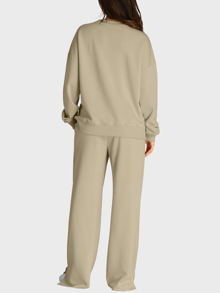 Round Neck Long Sleeve Top and Slit Pants Set - MyEmpired