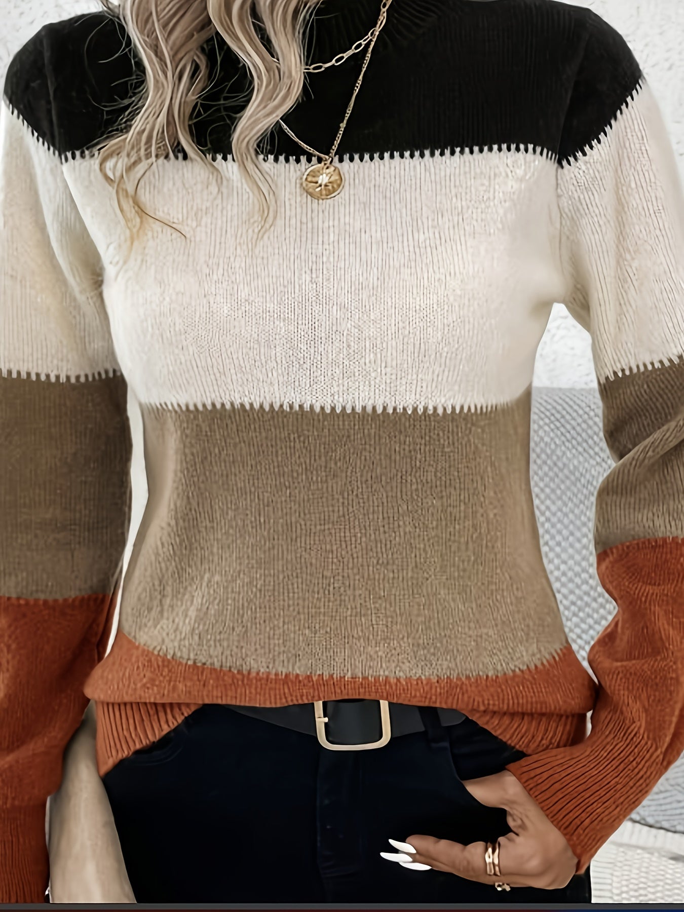 Color Block Mock Neck Pullover Sweater, Casual Long Sleeve Simple Sweater, Women&