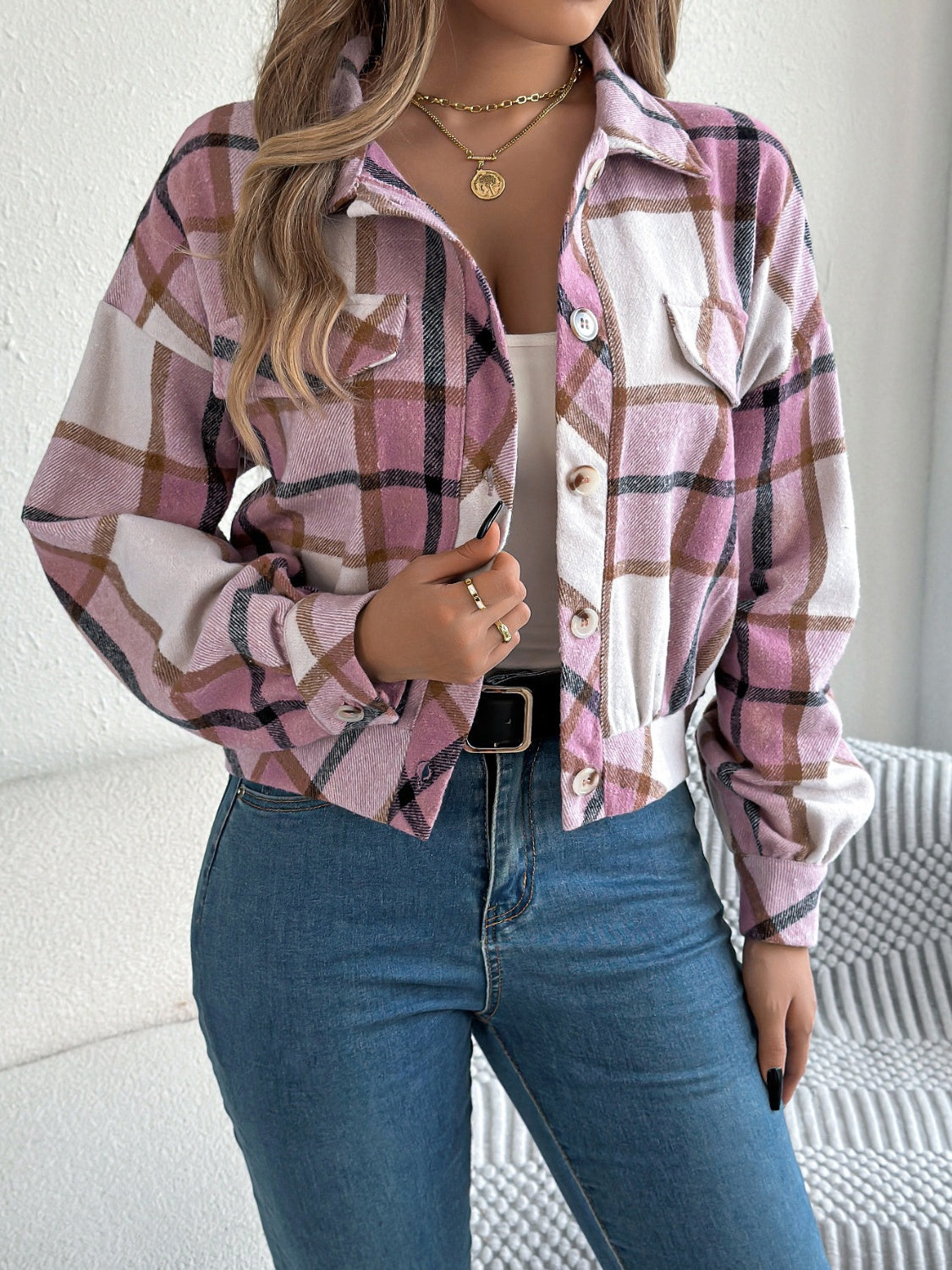 Plaid Button Up Long Sleeve Jacket - MyEmpired