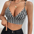 Houndstooth Print V Neck Cami Top, Sexy Backless Slim Sleeveless Spaghetti Strap Crop Top, Women&