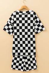 Checkerboard V Neck Loose Tee and Shorts Set - MyEmpired