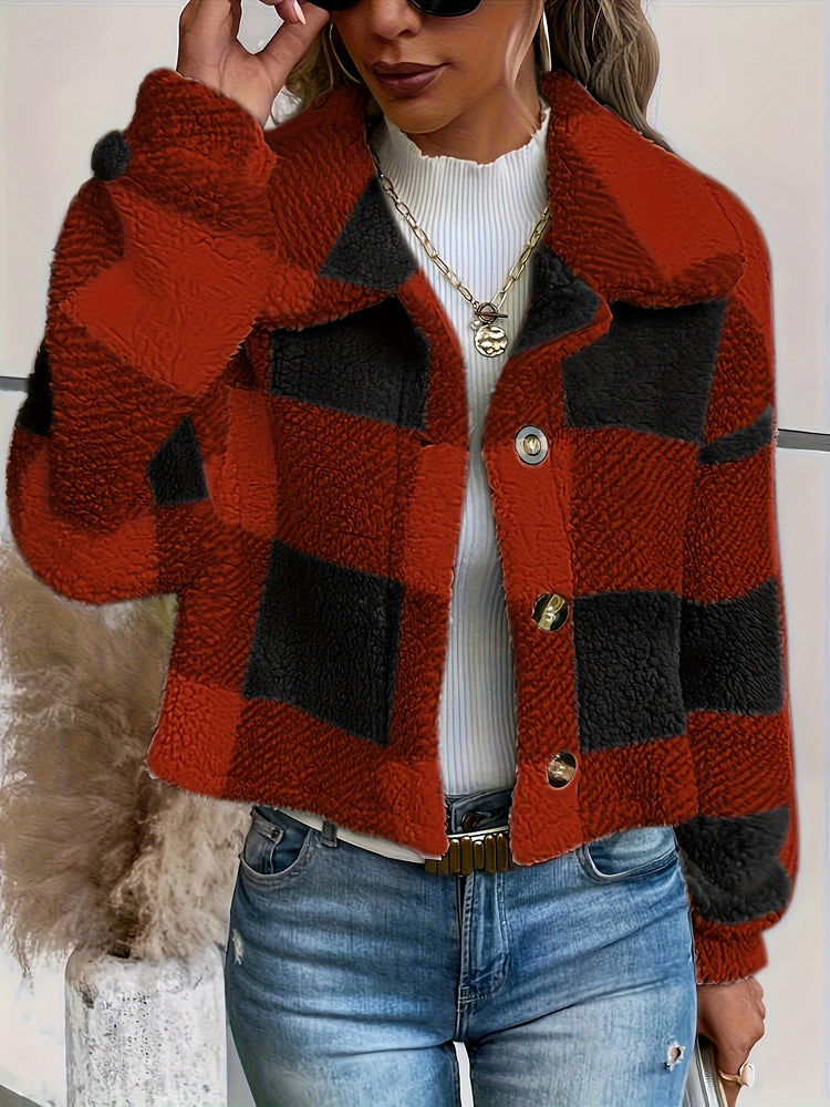 Plaid Teddy Coat, Casual Button Front Long Sleeve Winter Warm Outerwear, Women&