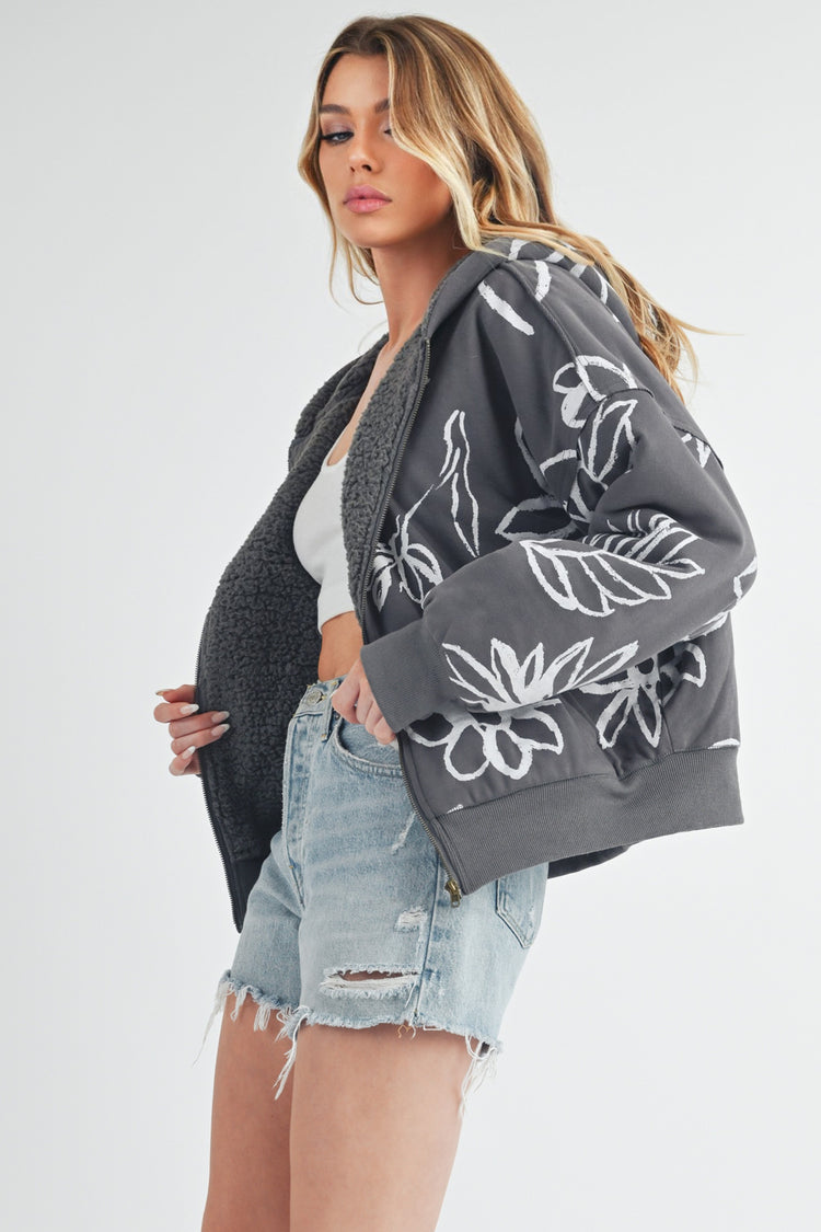 Aemi + Co Flower Print Zip Up Sherpa Hoodie - MyEmpired