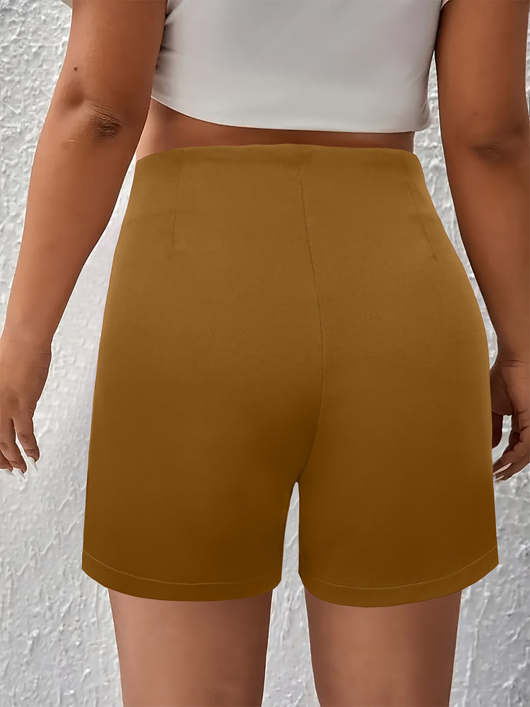 Solid Ruched High Waist Shorts, Casual Button Front Shorts For Spring & Summer, Women&
