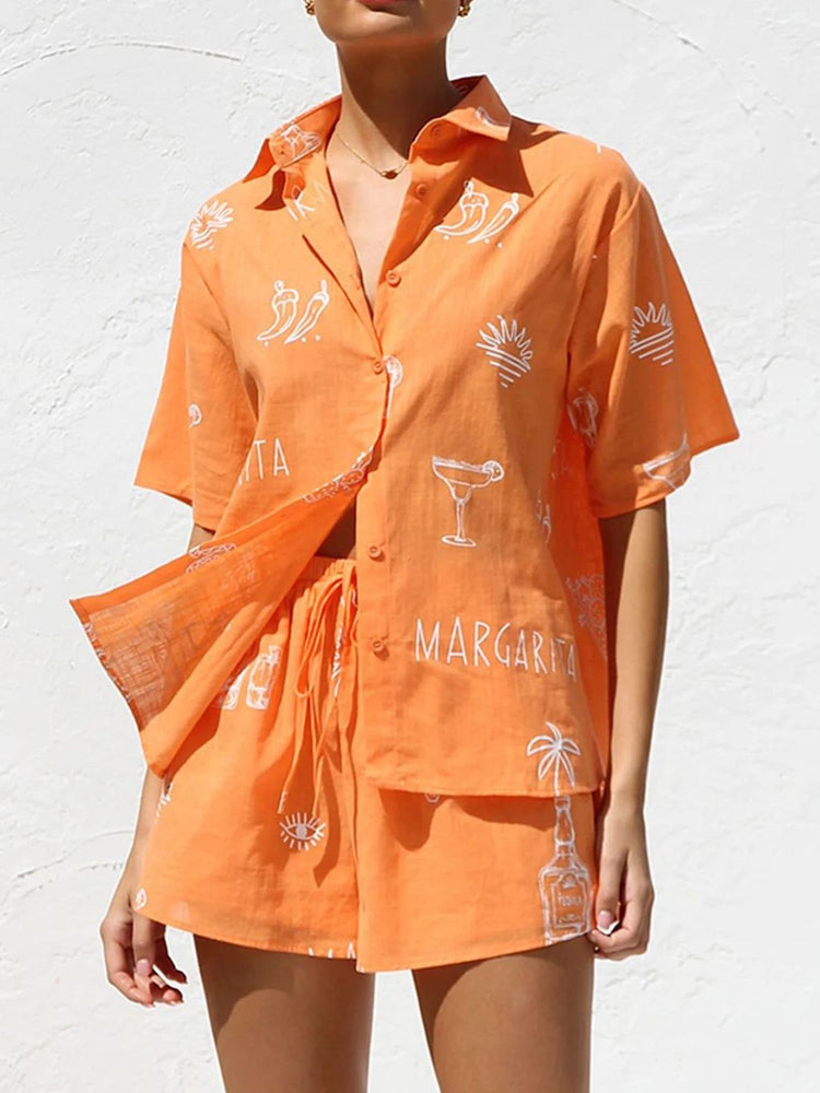 Printed Button Down Short Sleeve Top and Shorts Set - MyEmpired