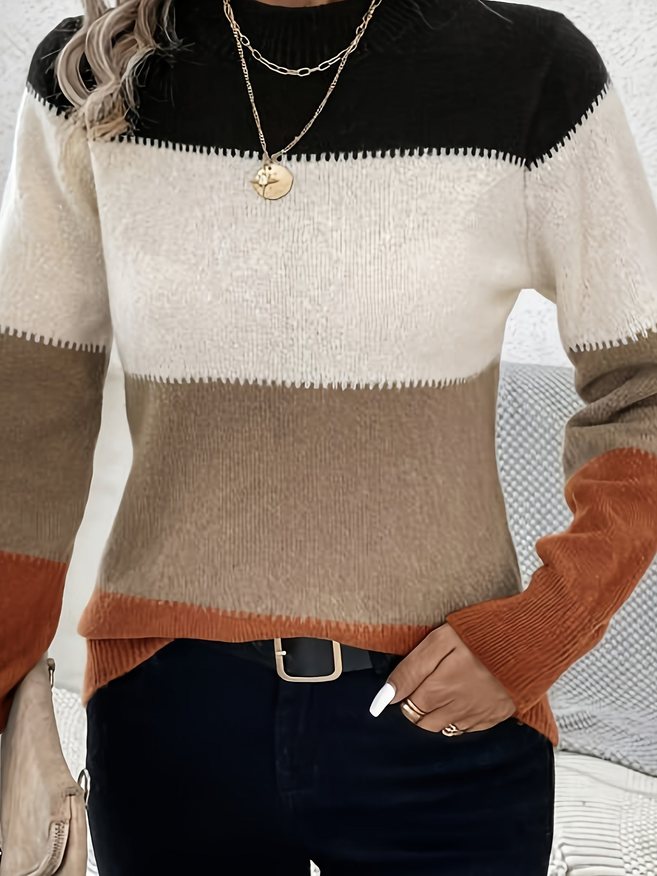 Color Block Mock Neck Pullover Sweater, Casual Long Sleeve Simple Sweater, Women&