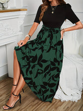 Plant Print Belted Splicing Dress, Elegant Crew Neck Short Sleeve Dress For Spring & Summer, Women&