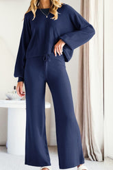 Round Neck Long Sleeve Top and Pants Set - MyEmpired