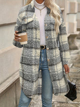 Plaid Pattern Button Front Fuzzy Jacket, Casual Thermal Long Sleeve Long Length Collar Coat For Fall & Winter, Women&