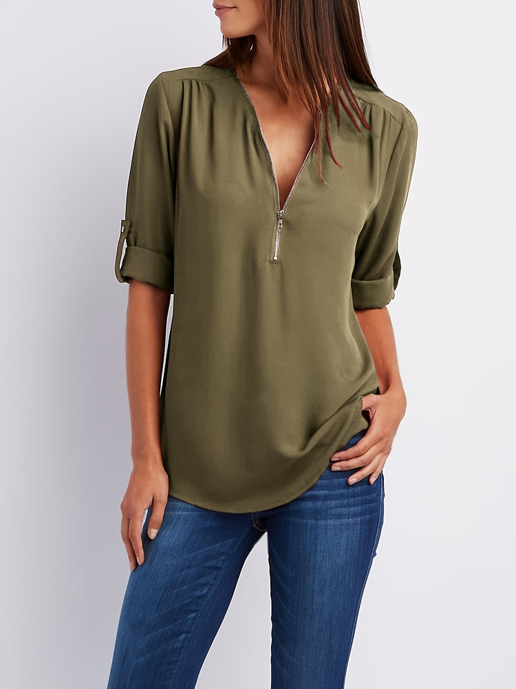 Solid V Neck Blouse - MyEmpired