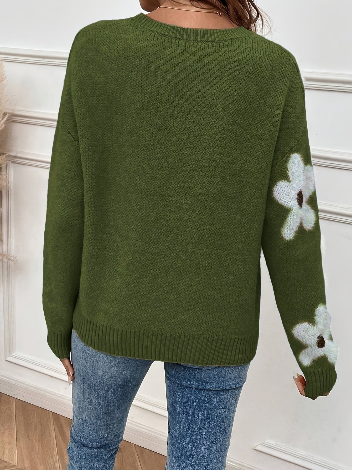 Floral Pattern Crew Neck Sweater, Casual Long Sleeve Sweater For Fall & Winter, Women&