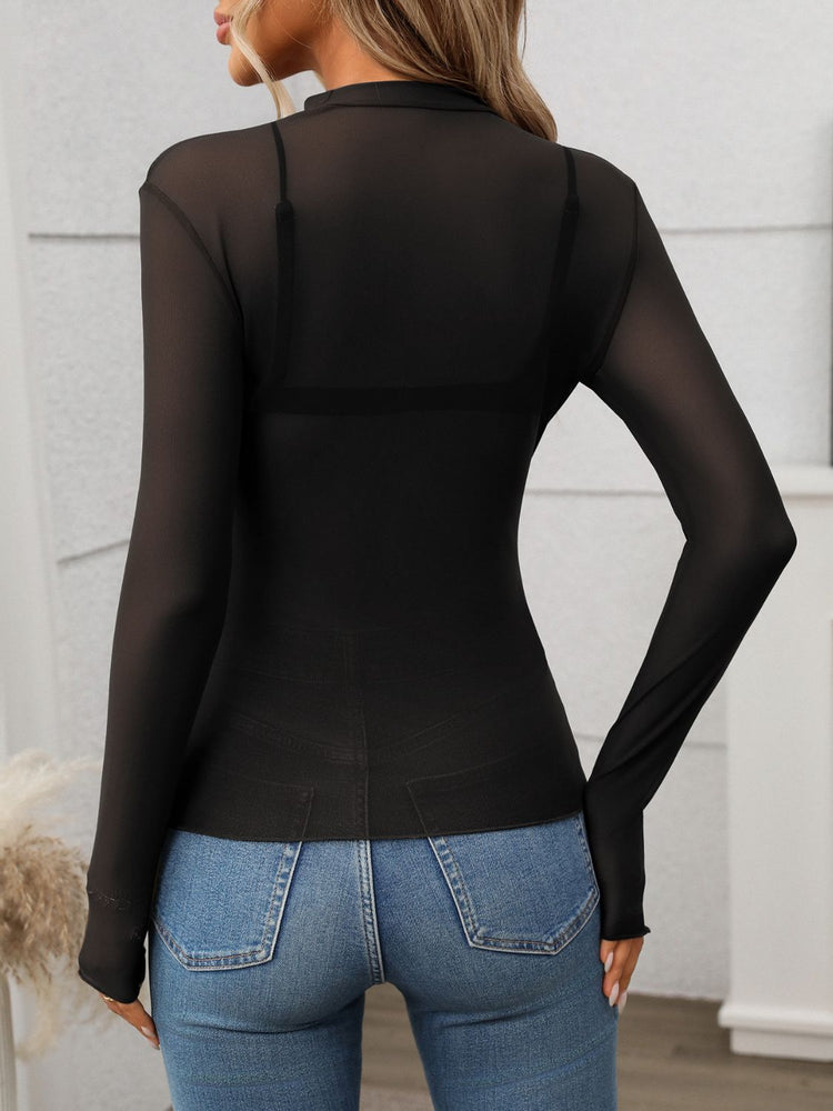 Mock Neck Long Sleeve Sheer Top - MyEmpired