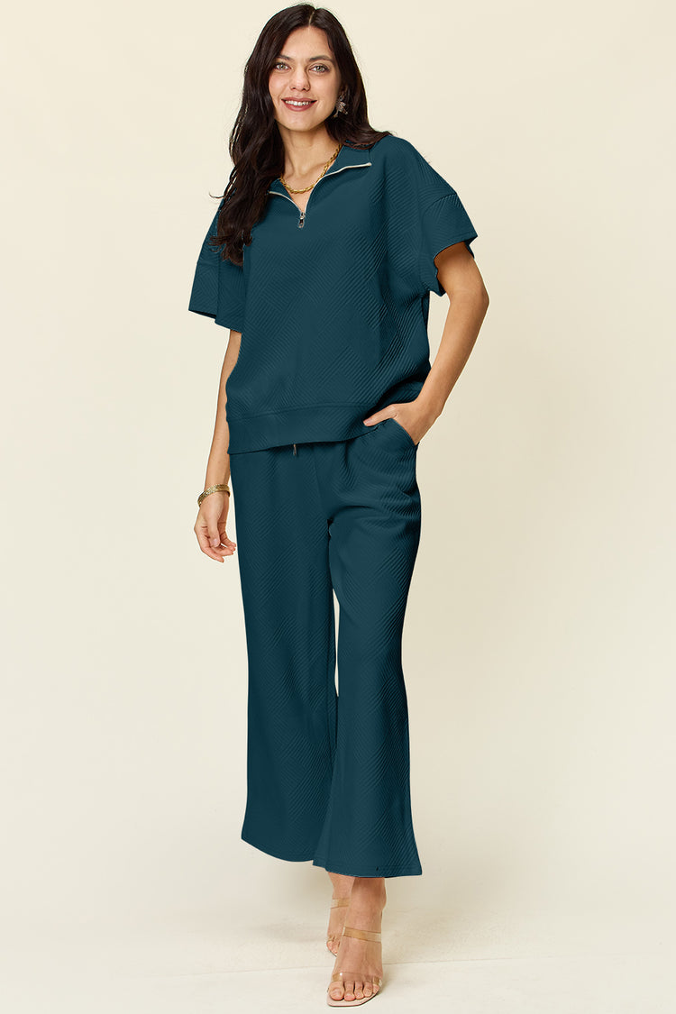 Double Take Full Size Texture Half Zip Short Sleeve Top and Pants Set - MyEmpired