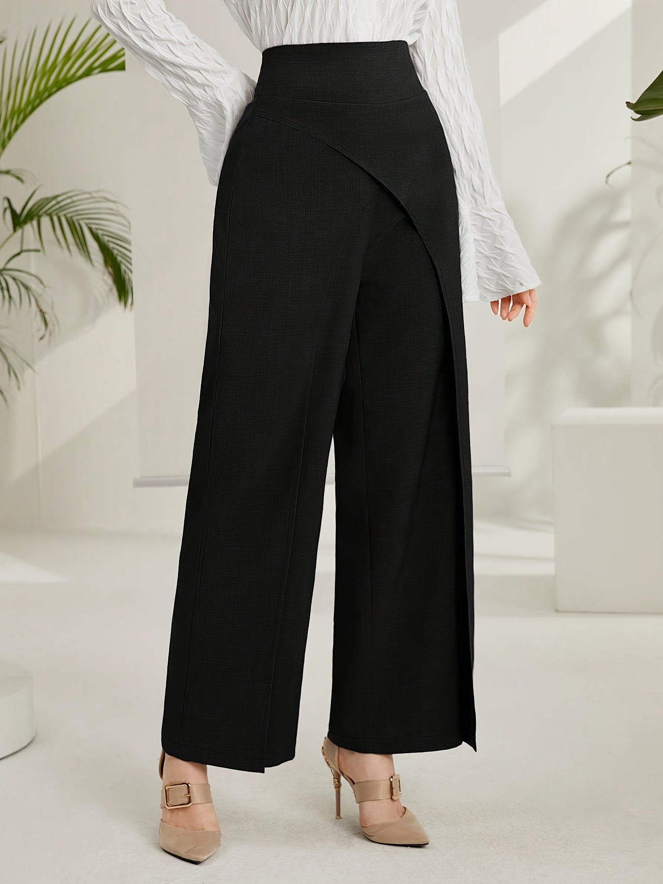 Solid Wide Leg Layered Pants, Elegant High Waist Loose Pants For Spring & Summer, Women&