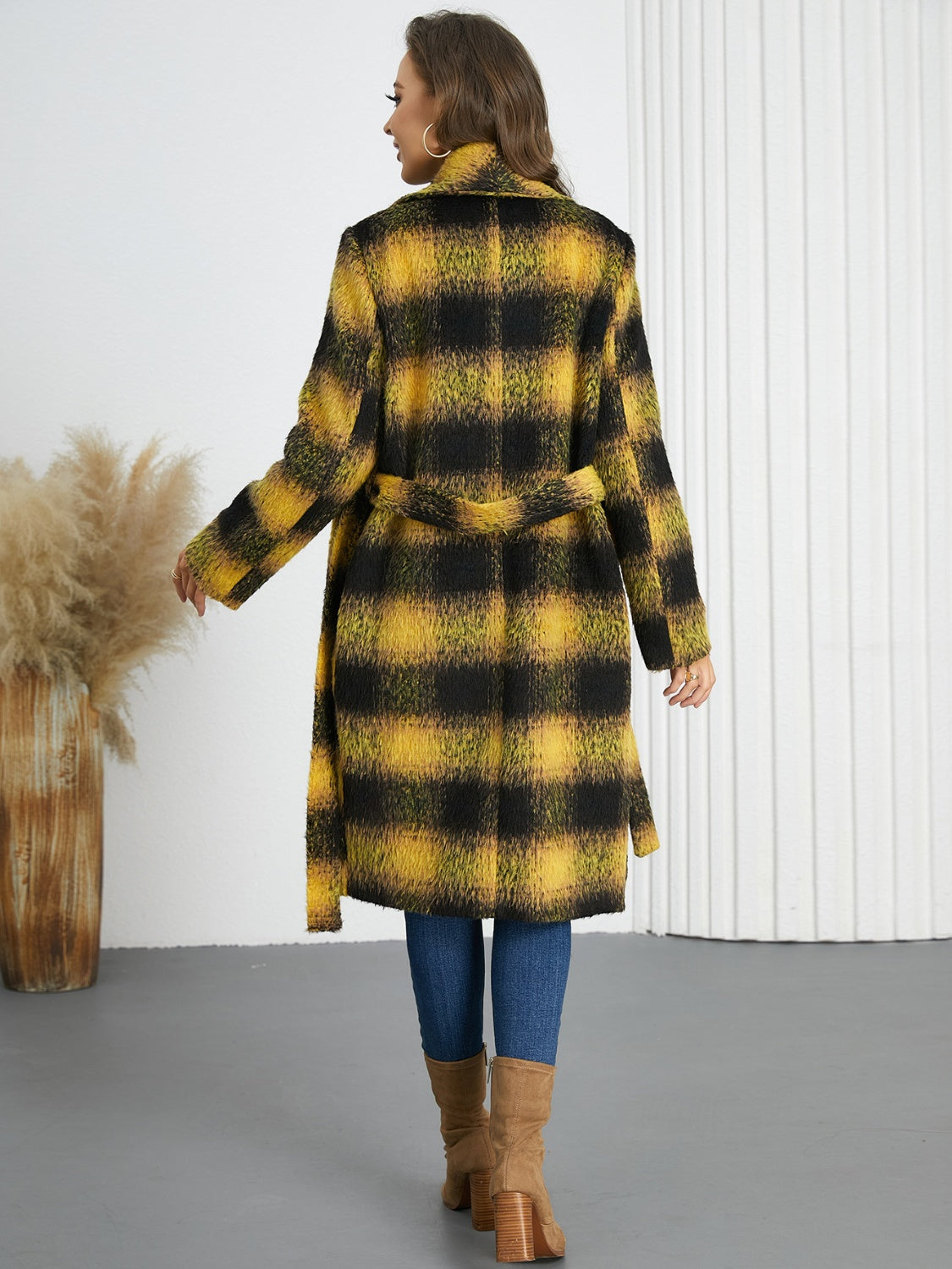 Plaid Tie Waist Long Sleeve Coat - MyEmpired