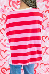 Stripe Side Slit Round Neck T-Shirt - MyEmpired