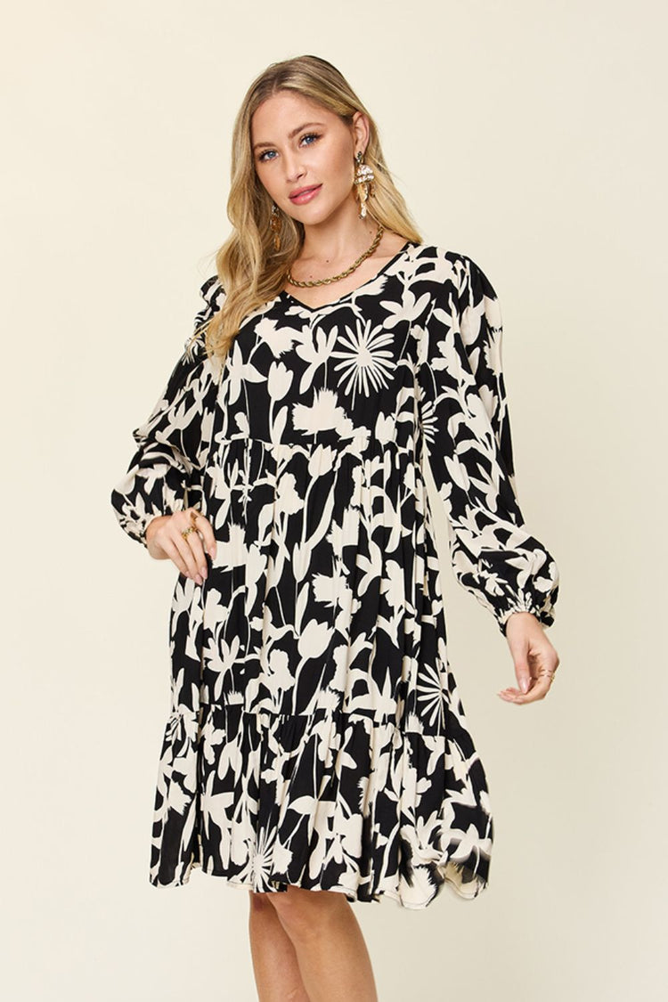 Double Take Full Size Printed Ruffle Hem Dress with Pocket - MyEmpired