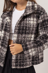 HYFVE Plaid Collared Neck Boucle Jacket with Pockets - MyEmpired
