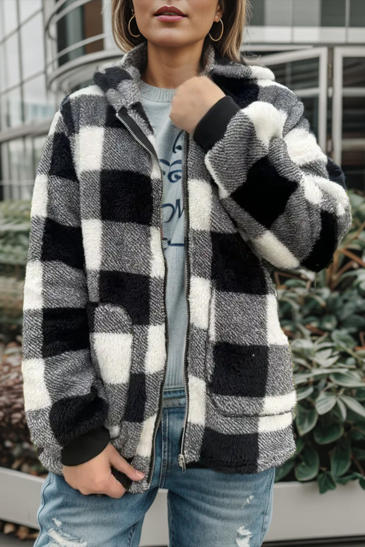 Double Take Full Size Plaid Long Sleeve Hooded Coat - MyEmpired