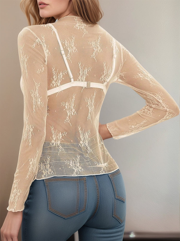Floral Mock Neck Long Sleeve Mesh Top - MyEmpired