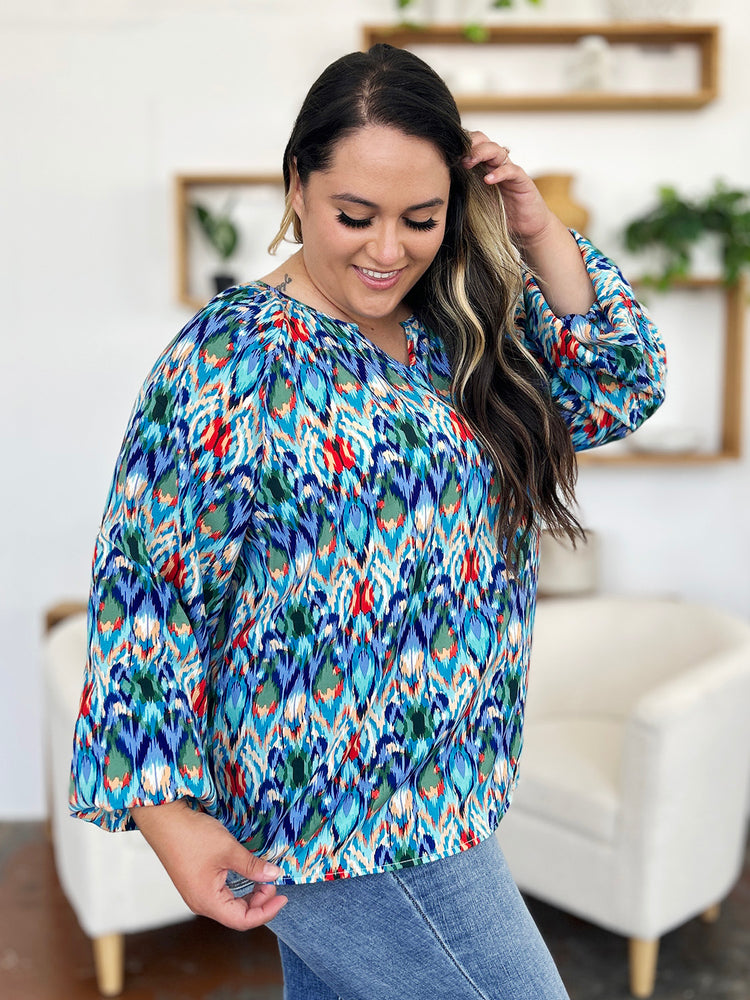 Double Take Full Size Printed Balloon Sleeve Blouse - MyEmpired