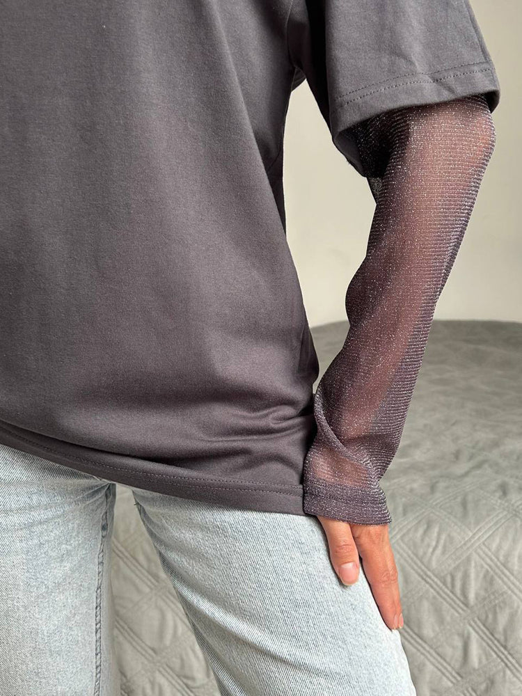 Faux Layered Round Neck Mesh Sleeve Top - MyEmpired