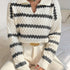 Striped Cable Knit Sweater, Elegant Collared Long Sleeve Drop Shoulder Sweater For Fall & Winter, Women&