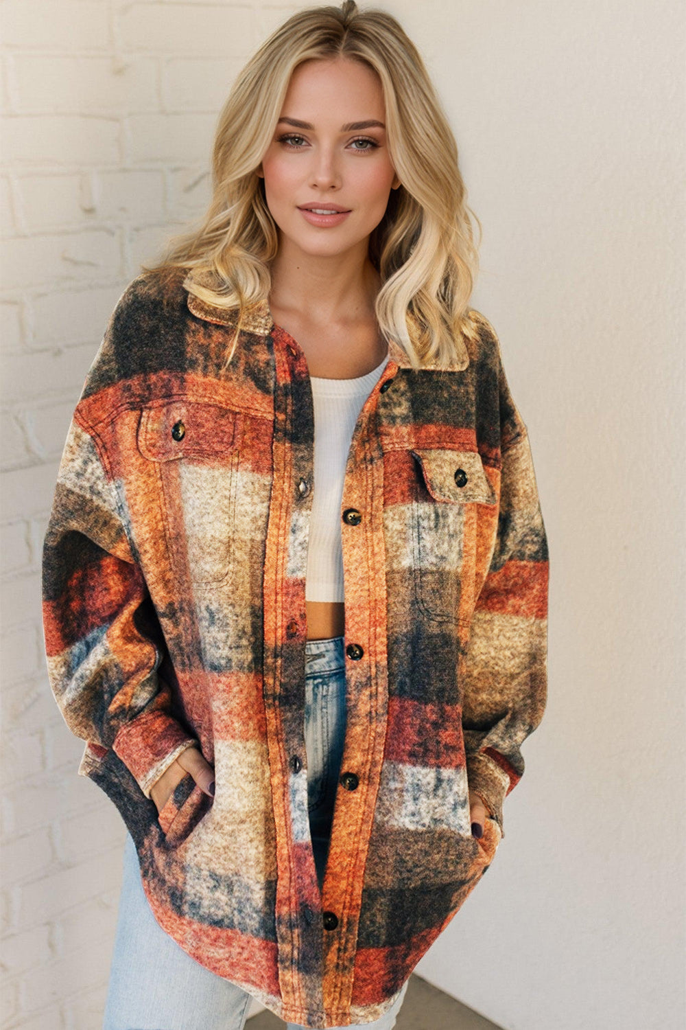 Double Take Button Up Plaid Fleece Shacket with Pockets - MyEmpired