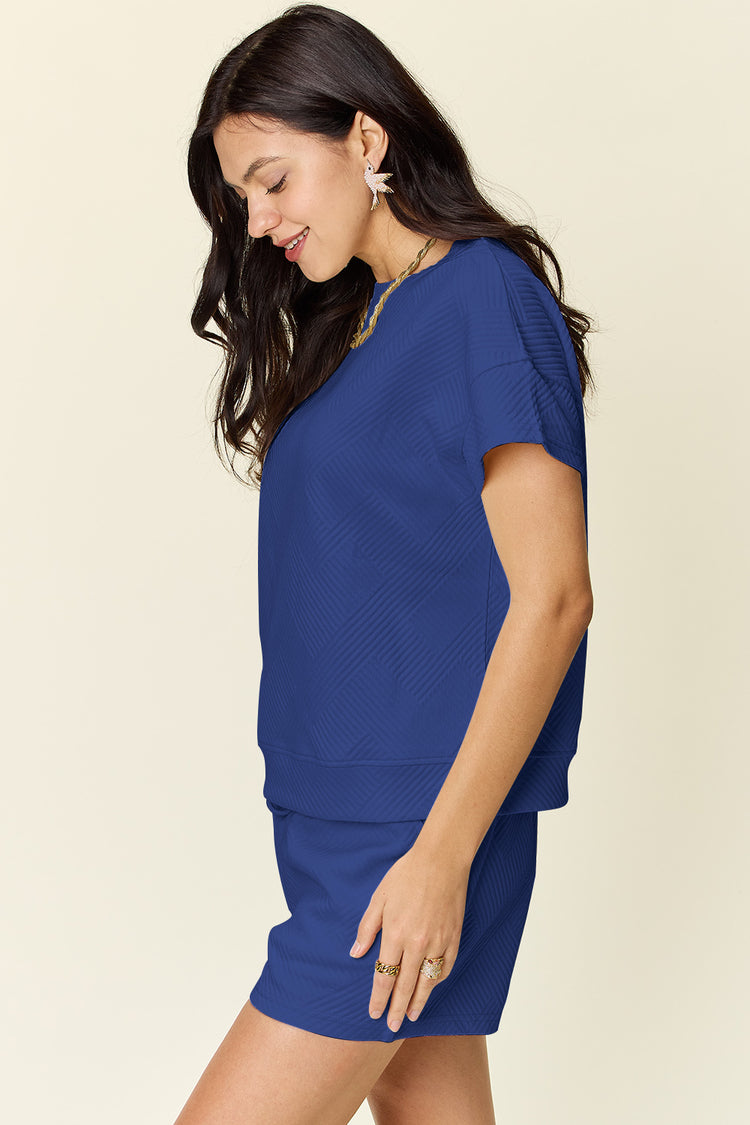 Double Take Full Size Texture Short Sleeve T-Shirt and Drawstring Shorts Set - MyEmpired