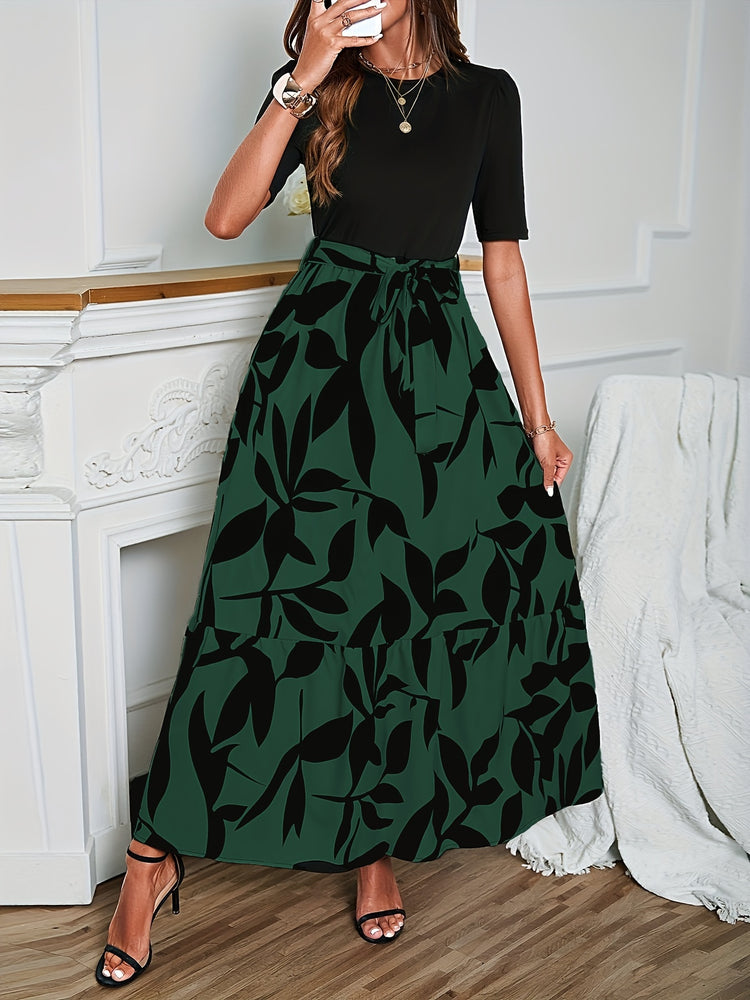 Plant Print Belted Splicing Dress, Elegant Crew Neck Short Sleeve Dress For Spring & Summer, Women&