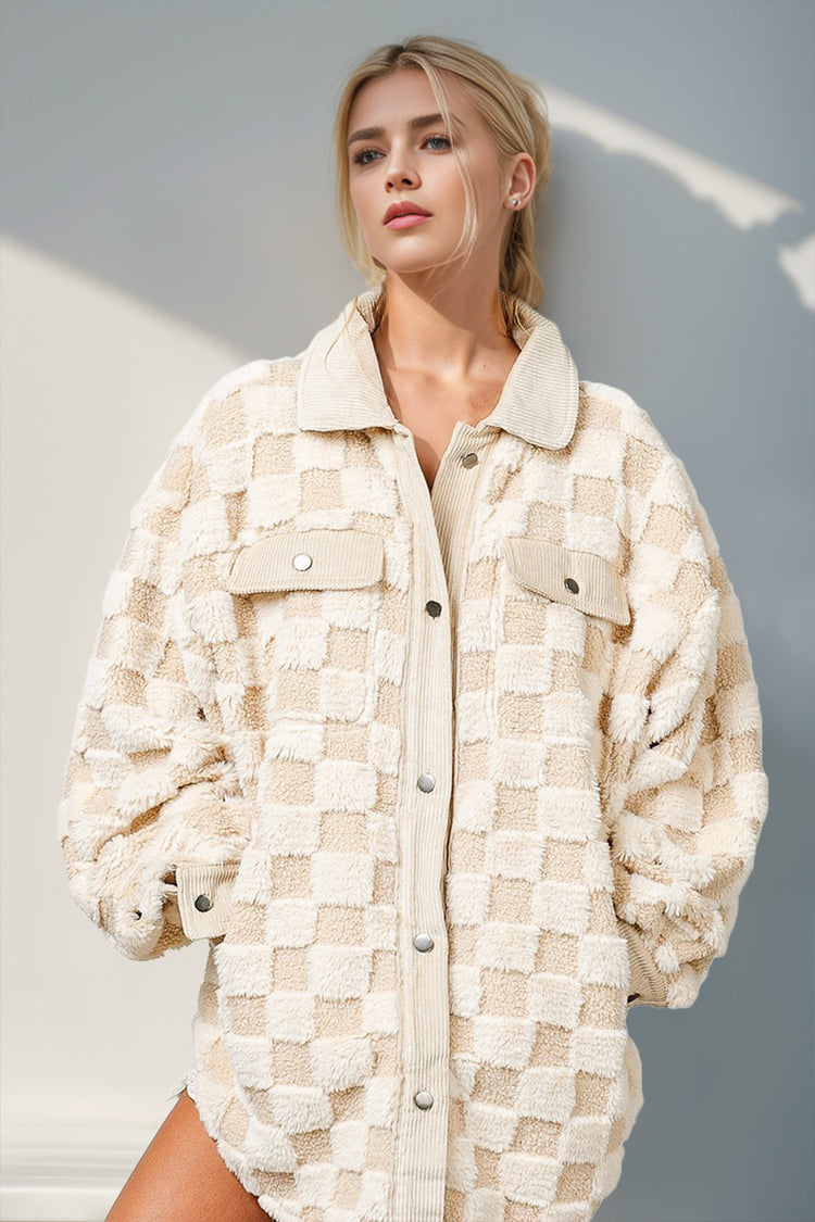 Double Take Button Up Fuzzy Checkered Shacket - MyEmpired